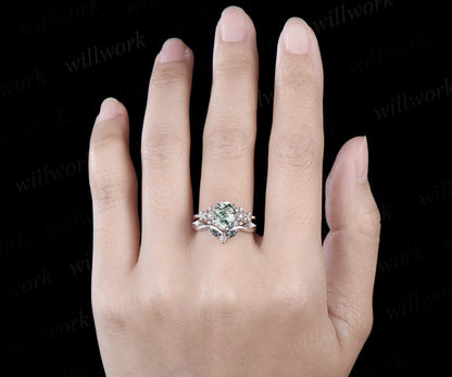 Vintage oval cut green moss agate engagement ring leaf floral solid 14k white gold diamond ring art deco wedding promise ring set women