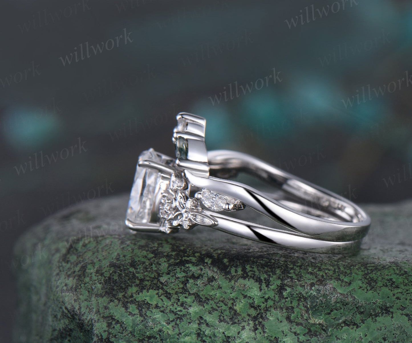 Vintage oval cut green moss agate engagement ring leaf floral solid 14k white gold diamond ring art deco wedding promise ring set women