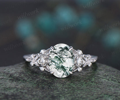 Vintage oval cut green moss agate engagement ring leaf floral solid 14k white gold diamond ring art deco wedding promise ring set women