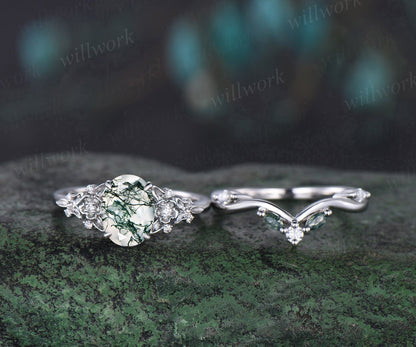 Vintage oval cut green moss agate engagement ring leaf floral solid 14k white gold diamond ring art deco wedding promise ring set women