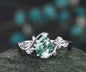 Leaf Pear shaped moss agate engagement ring set solid 14k white gold three stone diamond art deco ring women unique wedding ring set
