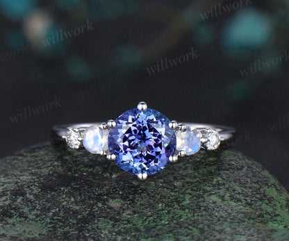 Vintage round natural Tanzanite engagement ring set solid 14k white gold moonstone diamond wedding promise ring women