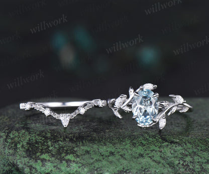 Vintage oval cut aquamarine engagement ring 14k white gold leaf nature inspired ring women unique cluster diamond bridal promise ring set
