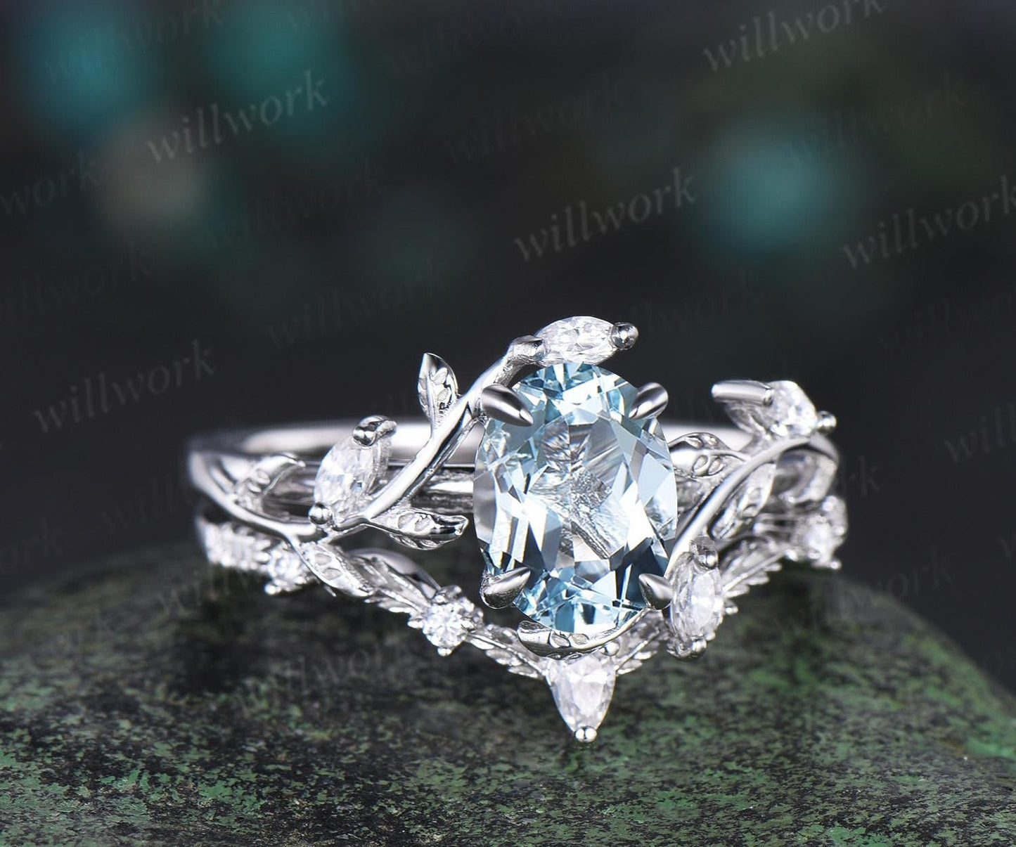 Vintage oval cut aquamarine engagement ring 14k white gold leaf nature inspired ring women unique cluster diamond bridal promise ring set
