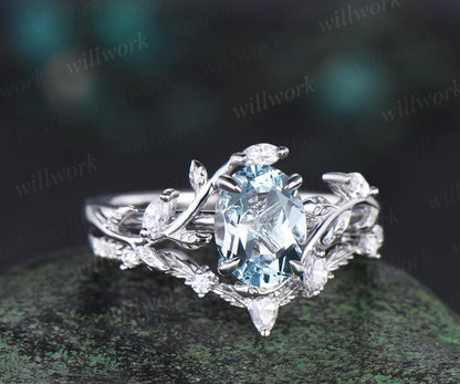 Vintage oval cut aquamarine engagement ring 14k white gold leaf nature inspired ring women unique cluster diamond bridal promise ring set