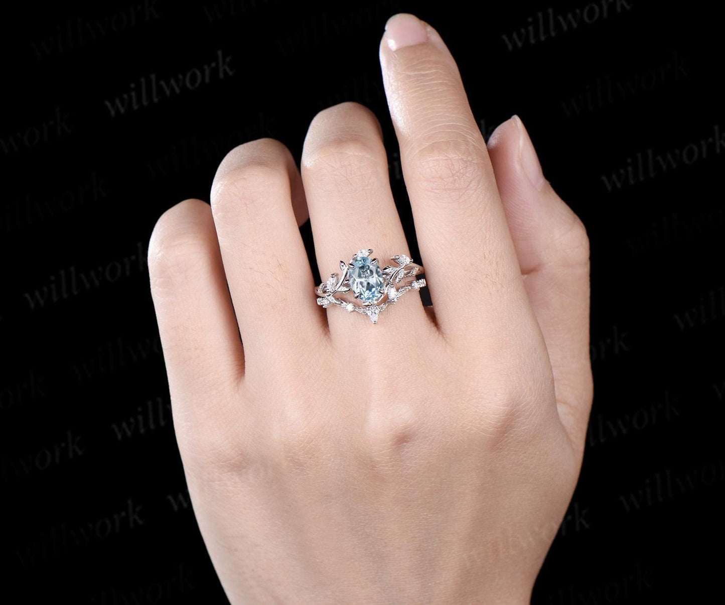 Vintage oval cut aquamarine engagement ring 14k white gold leaf nature inspired ring women unique cluster diamond bridal promise ring set