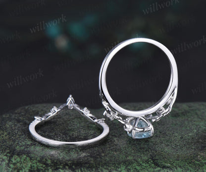 Vintage oval cut aquamarine engagement ring 14k white gold leaf nature inspired ring women unique cluster diamond bridal promise ring set