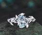 Vintage oval cut aquamarine engagement ring 14k white gold leaf nature inspired ring women unique cluster diamond bridal promise ring set