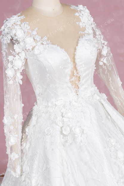 Luxury 3D Flower Lace Cathedral Train Wedding Gown