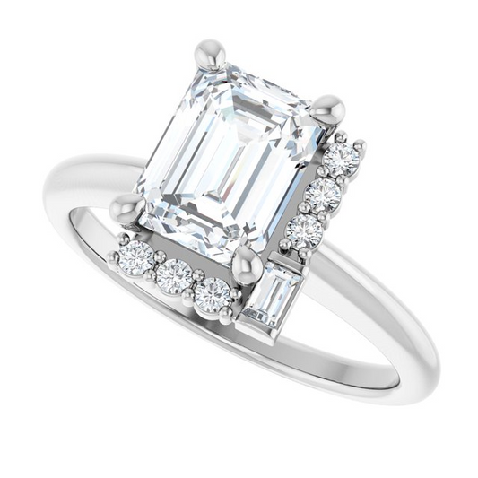 14K White 8x6 mm Emerald 1/8 CTW Natural Diamond Semi-Set Engagement Ring