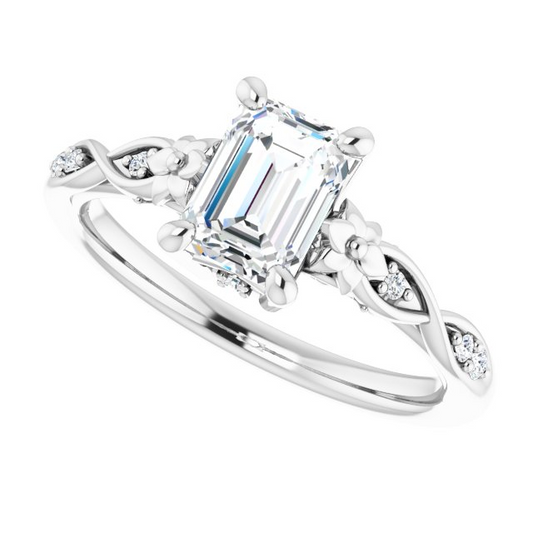 14K White 7x5 mm Emerald .06 CTW Natural Diamond Semi-Set Floral Engagement Ring
