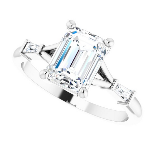 14K White 8x6 mm Emerald .08 CTW Natural Diamond Semi-Set Engagement Ring