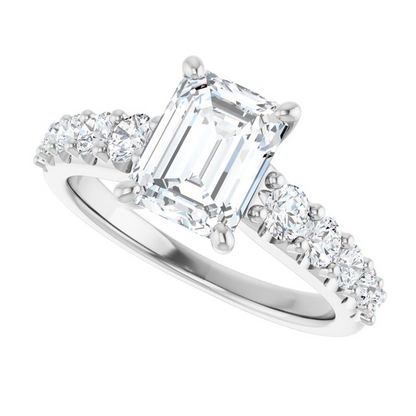 14K White 8x6 mm Emerald 5/8 CTW Natural Diamond Semi-Set Engagement Ring