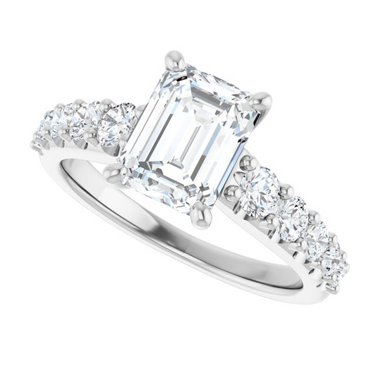 14K White 8x6 mm Emerald 5/8 CTW Natural Diamond Semi-Set Engagement Ring