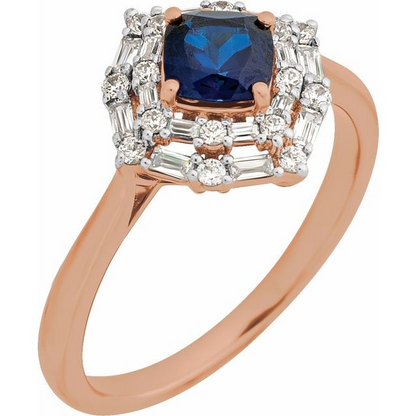 14K Rose Natural Blue Sapphire & 1/3 CTW Natural Diamond Ring