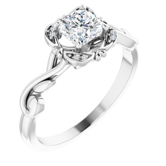 14K White 5 mm Cushion .02 CTW Natural Diamond Semi-Set Floral Engagement Ring