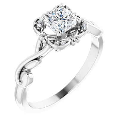 14K White 5 mm Cushion .02 CTW Natural Diamond Semi-Set Floral Engagement Ring