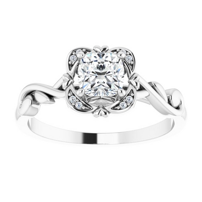 14K White 5 mm Cushion .02 CTW Natural Diamond Semi-Set Floral Engagement Ring