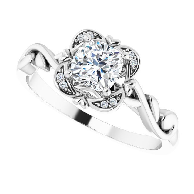 14K White 5 mm Cushion .02 CTW Natural Diamond Semi-Set Floral Engagement Ring
