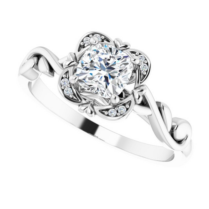 14K White 5 mm Cushion .02 CTW Natural Diamond Semi-Set Floral Engagement Ring