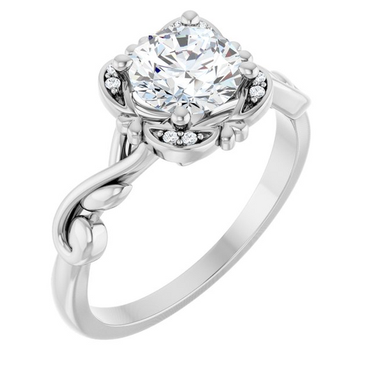 14K White 5 mm Cushion .02 CTW Natural Diamond Semi-Set Floral Engagement Ring