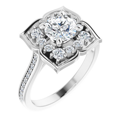 14K X1 White 6 mm Round Floral-Inspired Halo-Style Engagement Ring
