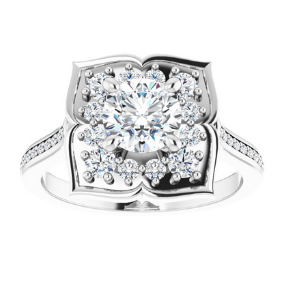 14K X1 White 6 mm Round Floral-Inspired Halo-Style Engagement Ring
