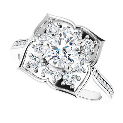 14K X1 White 6 mm Round Floral-Inspired Halo-Style Engagement Ring