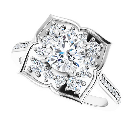 14K X1 White 6 mm Round Floral-Inspired Halo-Style Engagement Ring
