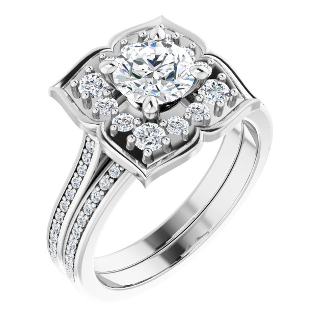 14K X1 White 6 mm Round Floral-Inspired Halo-Style Engagement Ring