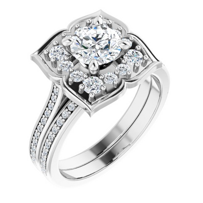 14K X1 White 6 mm Round Floral-Inspired Halo-Style Engagement Ring