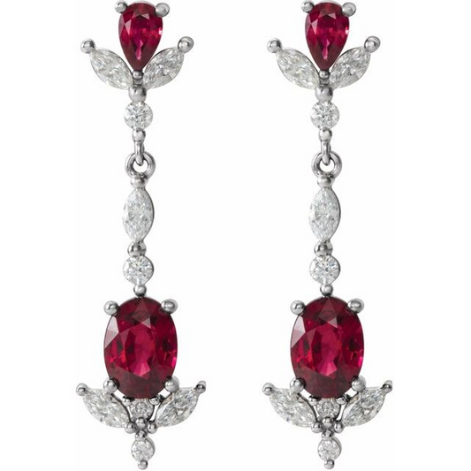 14K White Natural Ruby & 3/4 CTW Natural Diamond Dangle Earrings