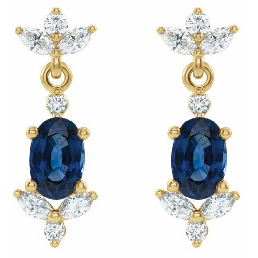 14K Yellow Natural Blue Sapphire & 1/3 CTW Natural Diamond Earrings