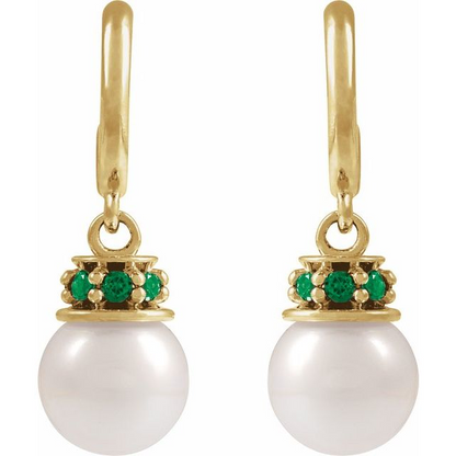14K Yellow Cultured White Freshwater Pearl & Natural Tsavorite Garnet Hoop Earrings