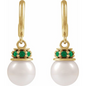 14K Yellow Cultured White Freshwater Pearl & Natural Tsavorite Garnet Hoop Earrings