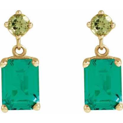 14K Yellow Lab-Grown Emerald & Natural Peridot Dangle Earrings