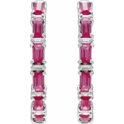 14K White Natural Ruby & 1 1/4 Natural Diamond Hoop Earrings