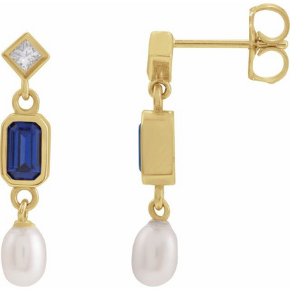 14K Yellow Lab-Grown Blue Sapphire, Cultured White Akoya Pearl & .05 CTW Natural Diamond Earrings