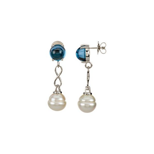 14K White Natural London Blue Topaz Semi-Set Earrings for 10 mm Pearls