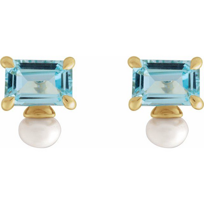 14K Yellow Natural Sky Blue Topaz & Cultured White Freshwater Pearl Earrings