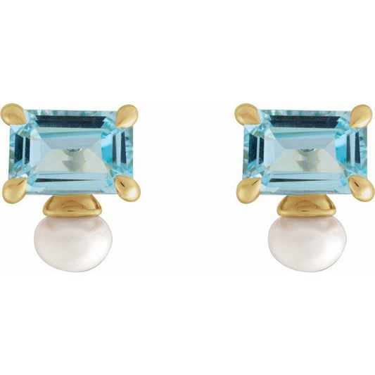 14K Yellow Natural Sky Blue Topaz & Cultured White Freshwater Pearl Earrings