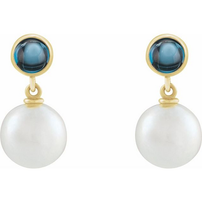 14K Yellow Cultured White Freshwater Pearl & Natural London Blue Topaz Cabochon Earrings