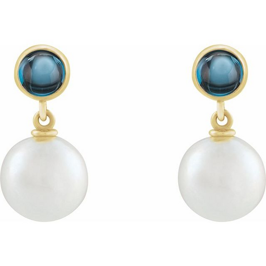 14K Yellow Cultured White Freshwater Pearl & Natural London Blue Topaz Cabochon Earrings