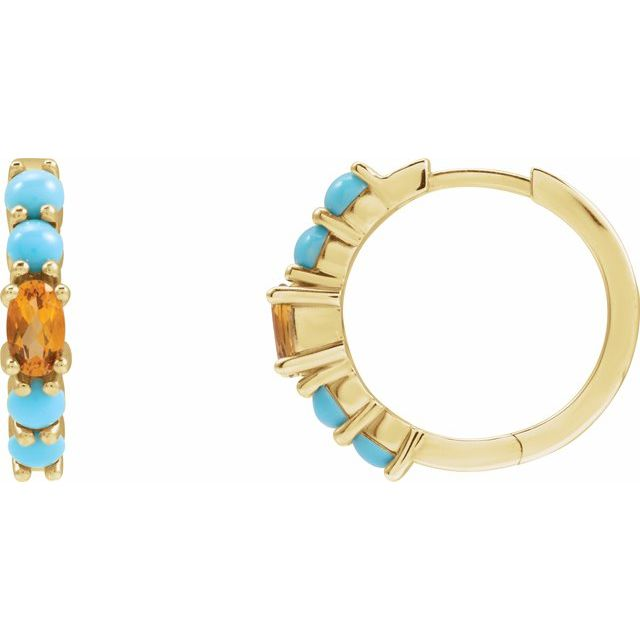 14K Yellow Natural Citrine & Natural Turqouise 19.6 mm Hoop Earrings