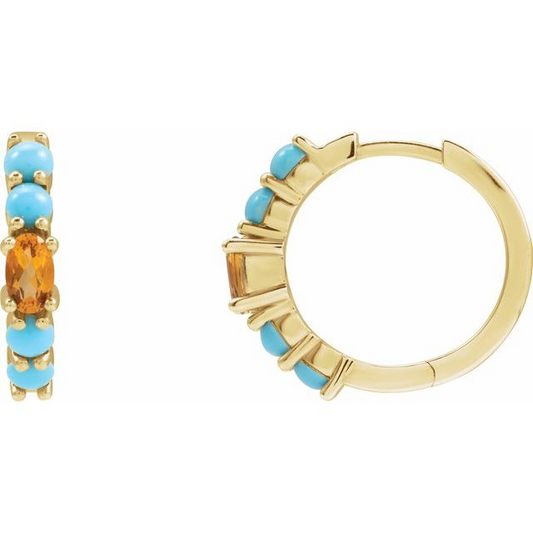 14K Yellow Natural Citrine & Natural Turqouise 19.6 mm Hoop Earrings