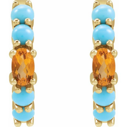 14K Yellow Natural Citrine & Natural Turqouise 19.6 mm Hoop Earrings