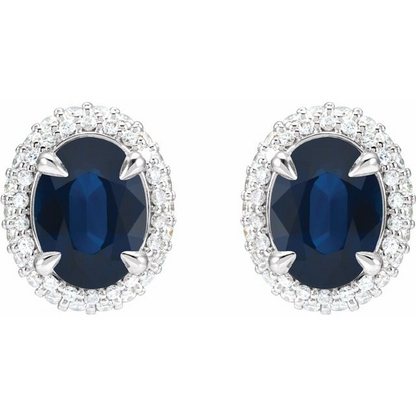 14K White Natural Blue Sapphire & 1/2 CTW Natural Diamond Double Halo-Style Earrings