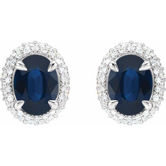 14K White Natural Blue Sapphire & 1/2 CTW Natural Diamond Double Halo-Style Earrings