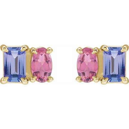 14K Yellow Natural Tanzanite & Natural Pink Tourmaline Two-Stone Stud Earrings