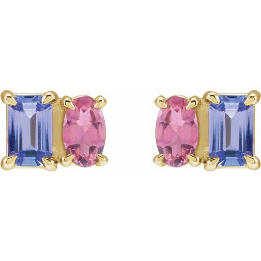14K Yellow Natural Tanzanite & Natural Pink Tourmaline Two-Stone Stud Earrings
